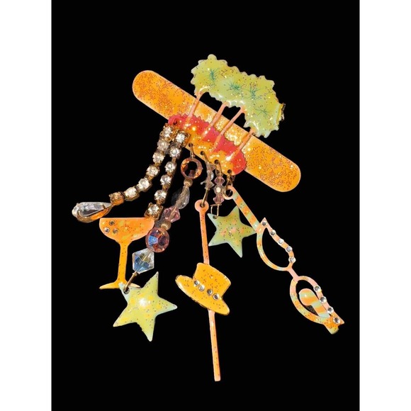 Hollywood Palm Tree Charm Dangle Jewel Gemstone Brooch Pin Martini - Picture 2 of 7